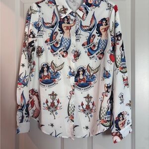 SHEIN White Long Sleeve Button-Up Shirt with Nautical Tattoo Print